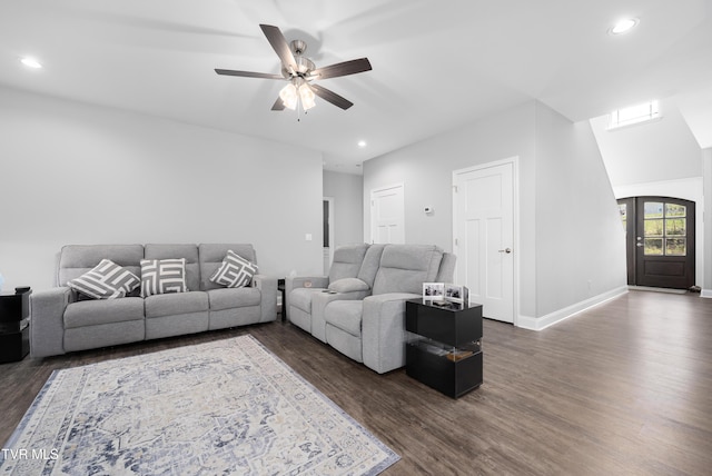 1177 Lemongrass Dr, Jonesborough, TN 37659 - living area with recessed lighting, dark wood-style floors, baseboards, and a ceiling fan