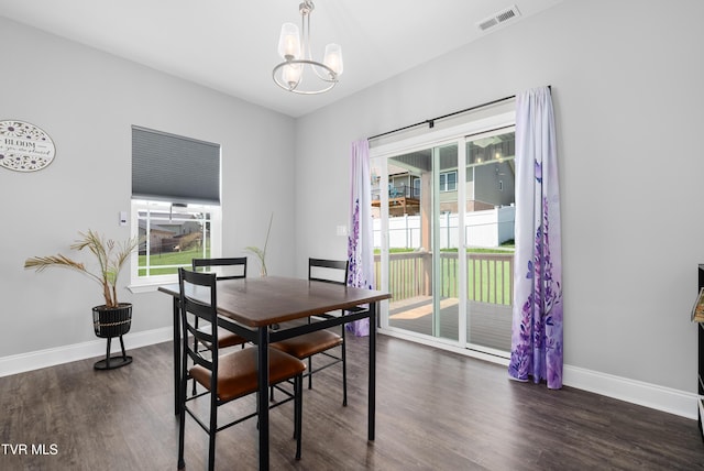 1177 Lemongrass Dr, Jonesborough, TN 37659 - dining space with visible vents, baseboards, a chandelier, and dark wood finished floors
