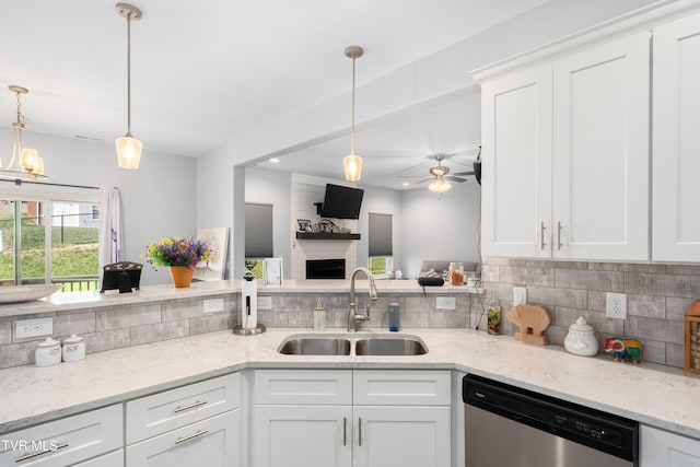 1177 Lemongrass Dr, Jonesborough, TN 37659 - kitchen featuring dishwasher, a sink, a ceiling fan, white cabinetry, and backsplash