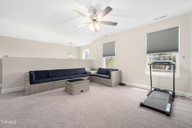 1177 Lemongrass Dr, Jonesborough, TN 37659 - living area with ceiling fan, visible vents, baseboards, and carpet floors
