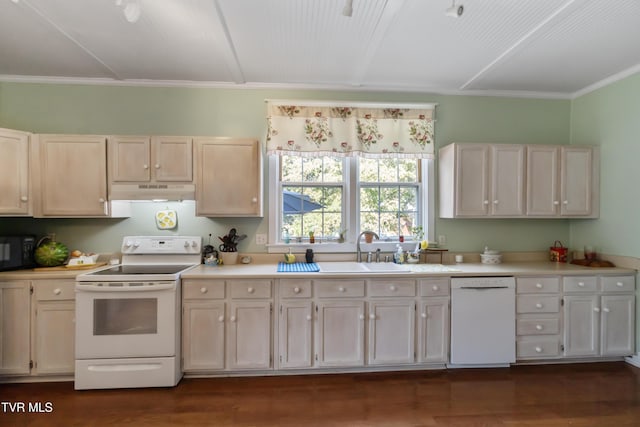 kitchen with white appliances, under cabinet range hood, light countertops, a sink, and dark wood-style floors