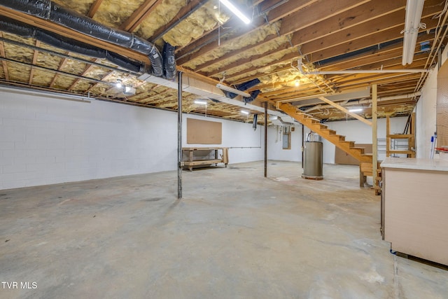 120 Lynnwood Dr, Johnson City, TN 37615 - unfinished basement with electric panel, stairway, and gas water heater