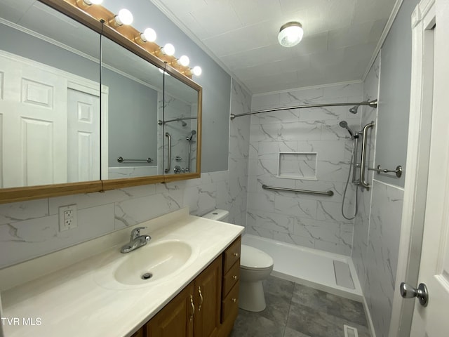 158 Taylortown Rd, Johnson City, TN 37601 - full bath with vanity, a stall shower, crown molding, toilet, and tile walls