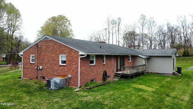 158 Taylortown Rd, Johnson City, TN 37601 - rear view of house with a wooden deck, central AC, a yard, brick siding, and a chimney