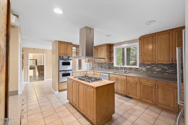 909 Millercrest Dr, Johnson City, TN 37604 - kitchen featuring light tile patterned floors, a sink, appliances with stainless steel finishes, butcher block counters, and island range hood