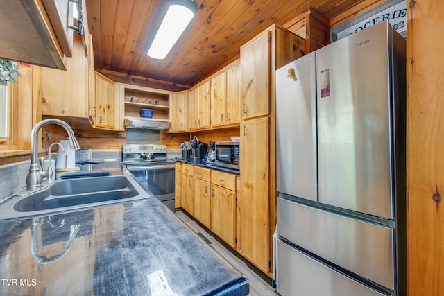 kitchen featuring open shelves, dark countertops, under cabinet range hood, stainless steel appliances, and a sink