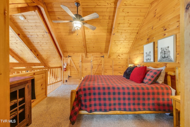 carpeted bedroom with wooden walls, wooden ceiling, and lofted ceiling with beams
