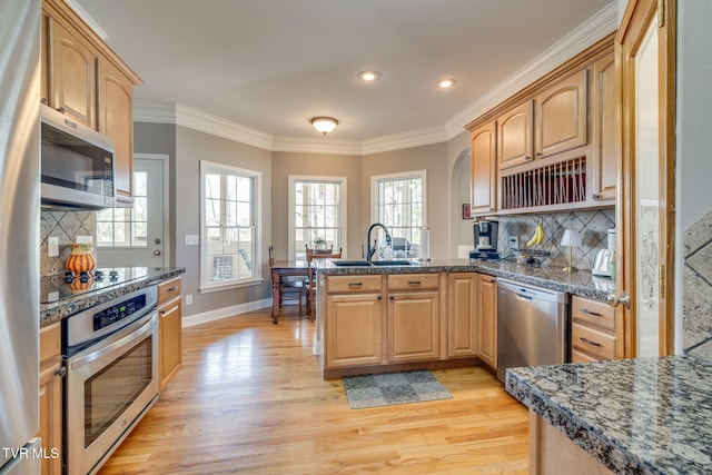 kitchen with stainless steel appliances, a peninsula, light wood-style flooring, and ornamental molding