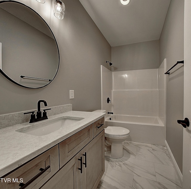 2442 Haystack Cir, Piney Flats, TN 37686 - bathroom with vanity, toilet, shower / washtub combination, marble finish floors, and baseboards