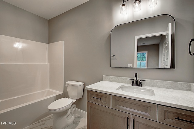 2442 Haystack Cir, Piney Flats, TN 37686 - bathroom featuring marble finish flooring, toilet, vanity, baseboards, and bathtub / shower combination