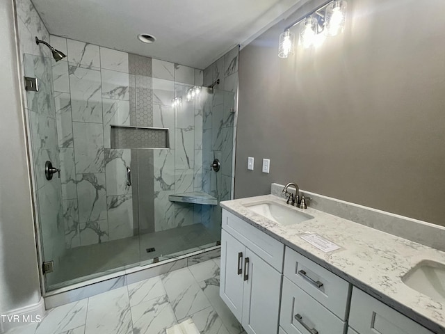 4076 Maize Pl, Piney Flats, TN 37686 - bathroom featuring marble finish floors, a marble finish shower, double vanity, and recessed lighting