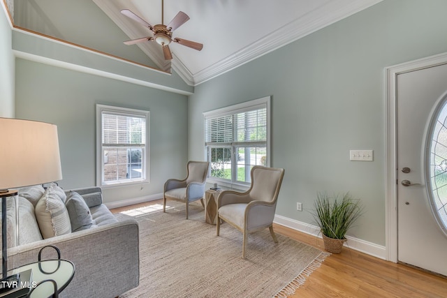 798 Hamilton Rd, Blountville, TN 37617 - sitting room featuring wood finished floors, baseboards, lofted ceiling, crown molding, and ceiling fan