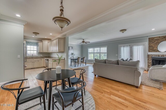 798 Hamilton Rd, Blountville, TN 37617 - dining space featuring crown molding, plenty of natural light, a ceiling fan, light wood-type flooring, and a fireplace