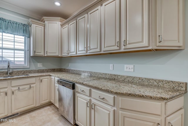 798 Hamilton Rd, Blountville, TN 37617 - kitchen with stainless steel dishwasher, a sink, light tile patterned floors, light stone countertops, and recessed lighting