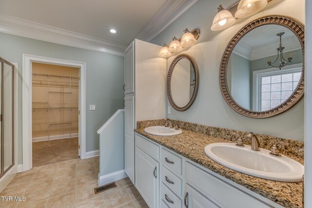 798 Hamilton Rd, Blountville, TN 37617 - full bath featuring crown molding, tile patterned flooring, recessed lighting, a walk in closet, and double vanity