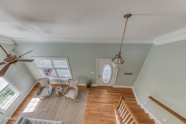 798 Hamilton Rd, Blountville, TN 37617 - entryway with ornamental molding, plenty of natural light, a ceiling fan, light wood-type flooring, and lofted ceiling