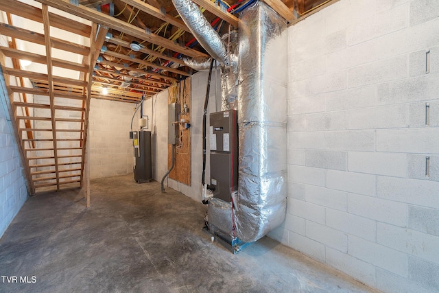 unfinished below grade area featuring electric water heater