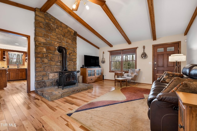 living area with light wood-style flooring, a wood stove, and a healthy amount of sunlight