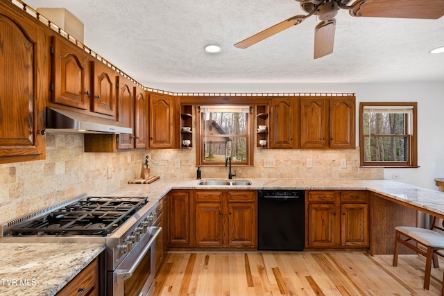 kitchen featuring open shelves, under cabinet range hood, dishwasher, a sink, and high end stove