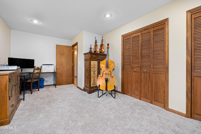 office space featuring light colored carpet, baseboards, and a textured ceiling