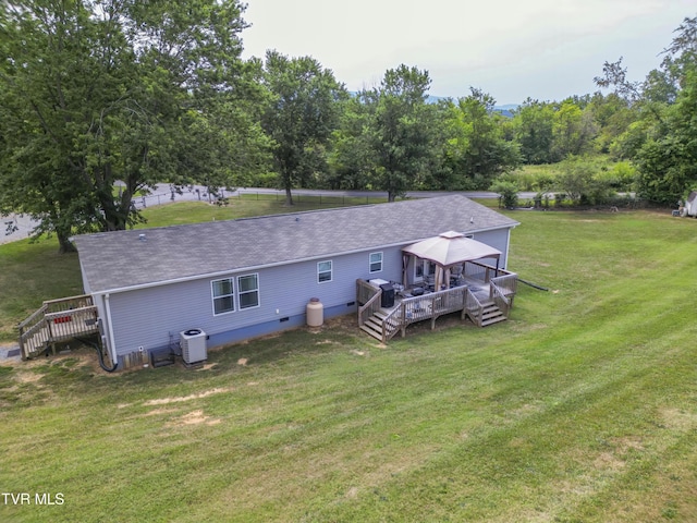 90 Darnell Rd, Greeneville, TN 37743 - back of house with a wooden deck, crawl space, a yard, a gazebo, and a shingled roof