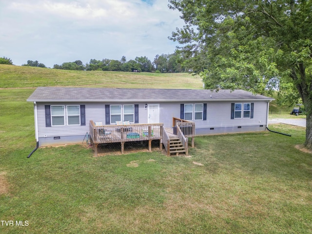 90 Darnell Rd, Greeneville, TN 37743 - view of front of home featuring roof with shingles, crawl space, a wooden deck, and a front lawn