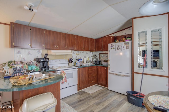 90 Darnell Rd, Greeneville, TN 37743 - kitchen with vaulted ceiling, white appliances, light wood-style flooring, under cabinet range hood, and a sink