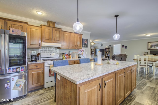 90 Darnell Rd, Greeneville, TN 37743 - kitchen with white range with gas stovetop, under cabinet range hood, refrigerator with glass door, and light countertops