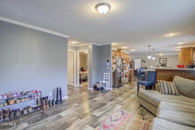 90 Darnell Rd, Greeneville, TN 37743 - living room with crown molding, baseboards, light wood-type flooring, and a textured ceiling