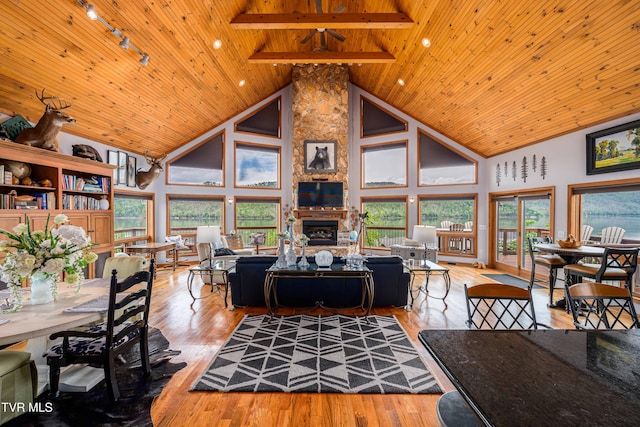 589 Harbor Point Rd, Butler, TN 37640 - living area with wooden ceiling, high vaulted ceiling, a stone fireplace, hardwood / wood-style flooring, and rail lighting
