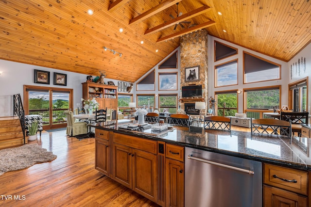 589 Harbor Point Rd, Butler, TN 37640 - kitchen featuring dishwasher, high vaulted ceiling, wood ceiling, light wood-type flooring, and cooktop
