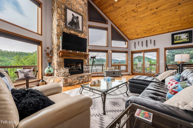 589 Harbor Point Rd, Butler, TN 37640 - living area featuring wooden ceiling, high vaulted ceiling, healthy amount of natural light, wood finished floors, and a fireplace