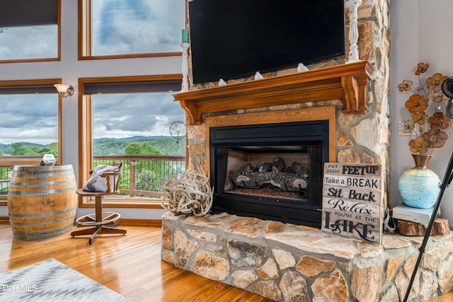 589 Harbor Point Rd, Butler, TN 37640 - detailed view of wood finished floors, a mountain view, a fireplace, and baseboards