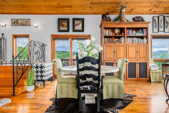 589 Harbor Point Rd, Butler, TN 37640 - dining area featuring healthy amount of natural light, light wood-style flooring, wood ceiling, and stairs