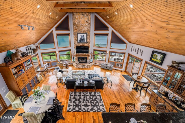 589 Harbor Point Rd, Butler, TN 37640 - living room featuring high vaulted ceiling, wood ceiling, wood-type flooring, a stone fireplace, and beam ceiling
