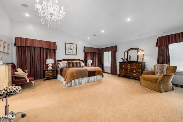 589 Harbor Point Rd, Butler, TN 37640 - bedroom with carpet flooring, lofted ceiling, a chandelier, and recessed lighting