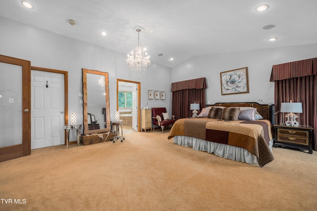 589 Harbor Point Rd, Butler, TN 37640 - bedroom with carpet flooring, vaulted ceiling, recessed lighting, a chandelier, and ensuite bathroom