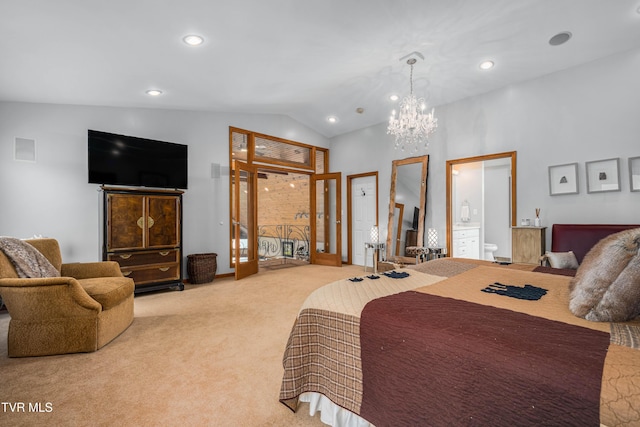 589 Harbor Point Rd, Butler, TN 37640 - carpeted bedroom with a chandelier, vaulted ceiling, recessed lighting, and connected bathroom