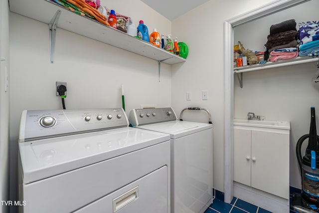 589 Harbor Point Rd, Butler, TN 37640 - clothes washing area featuring independent washer and dryer, a sink, and dark tile patterned flooring