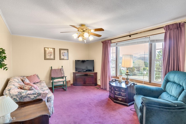 living area featuring carpet, a textured ceiling, crown molding, and ceiling fan