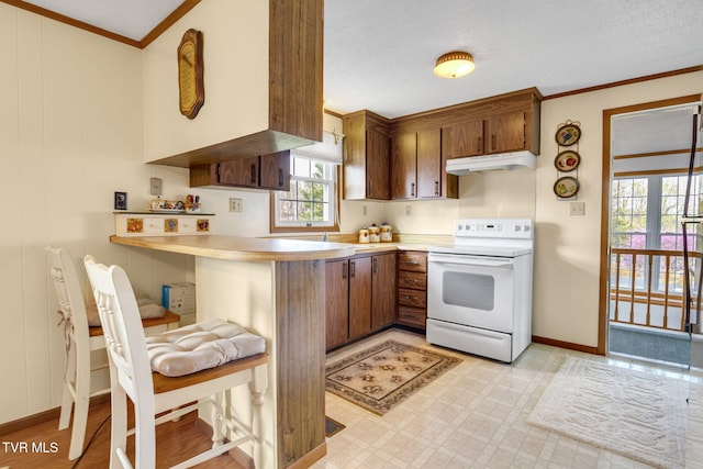 kitchen with light countertops, white range with electric cooktop, a peninsula, under cabinet range hood, and crown molding