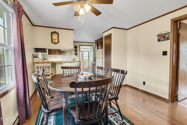 dining room featuring ornamental molding, baseboards, light wood-type flooring, and a ceiling fan