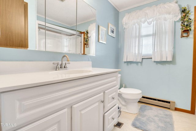bathroom with crown molding, a shower with shower door, vanity, toilet, and a baseboard heating unit