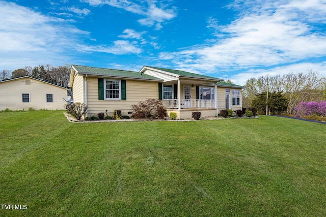 ranch-style house with a front yard, a porch, crawl space, and metal roof