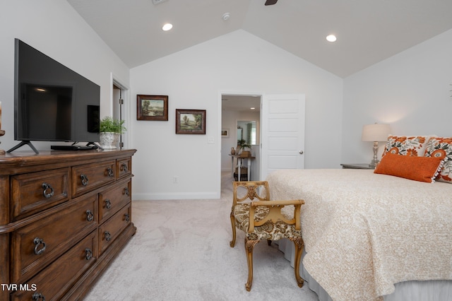bedroom with baseboards, vaulted ceiling, light colored carpet, and recessed lighting