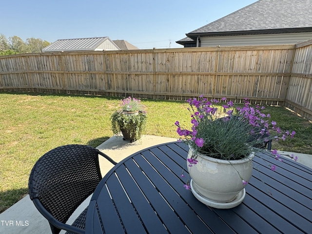 wooden deck with a lawn and a fenced backyard