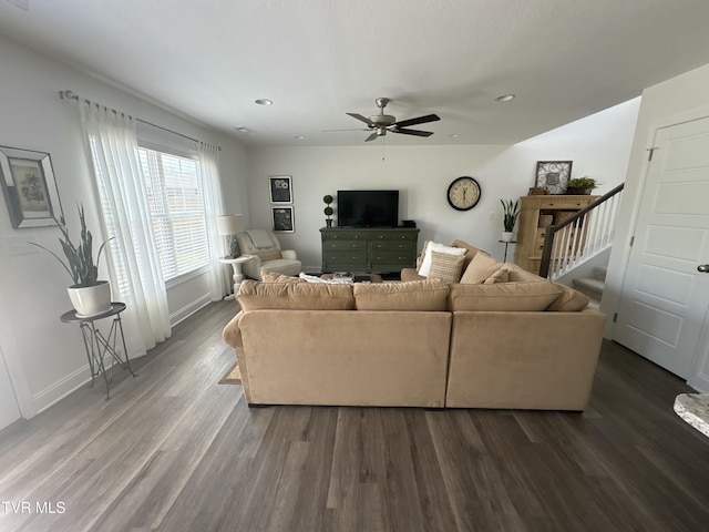 living room with stairway, wood finished floors, ceiling fan, baseboards, and recessed lighting
