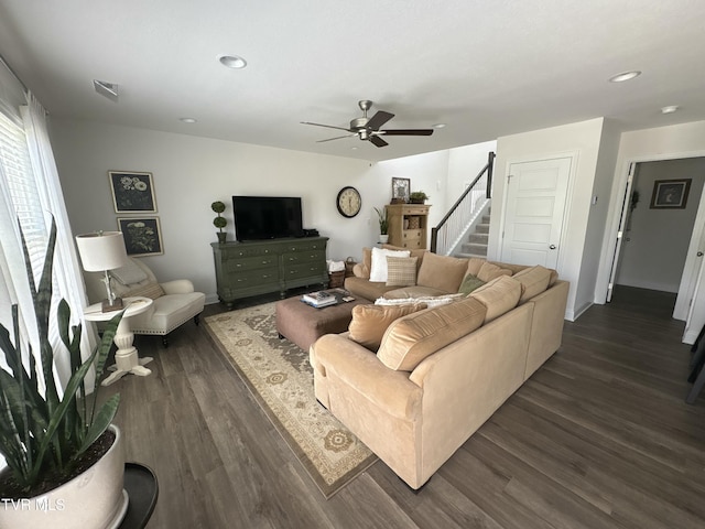 living room with recessed lighting, stairway, visible vents, dark wood-type flooring, and ceiling fan