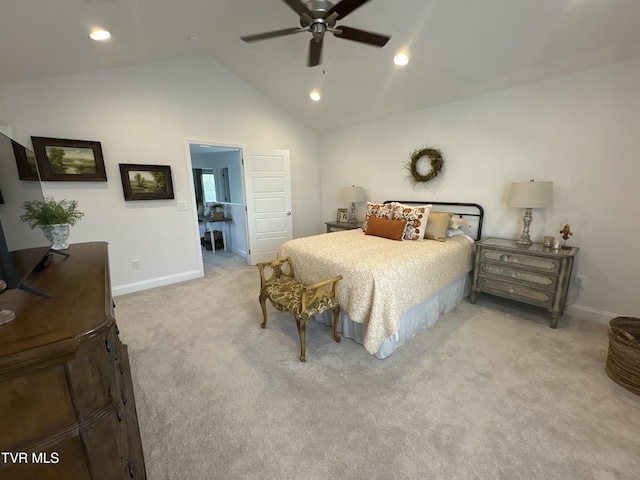 bedroom featuring recessed lighting, lofted ceiling, baseboards, and light colored carpet