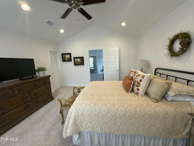 bedroom featuring baseboards, lofted ceiling, carpet flooring, visible vents, and recessed lighting